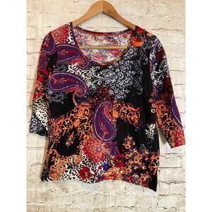 Onque‎ Casuals Top Womens Large Purple & Rust Paisley Sequin Studded Cotton